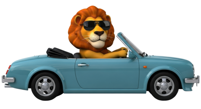 Cartoon lion driving a convertible car isolated PNG with Transparent Background