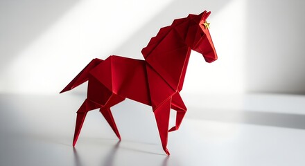 Red origami horse sculpture in modern minimalist style  