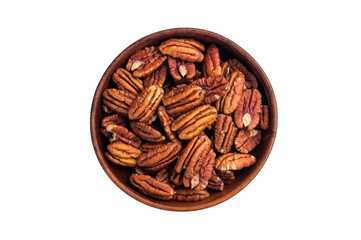 Shelled pecan nuts in a wooden bowl on a clean white background creating a simple natural ingredient shot ideal for culinary and healthy food themes