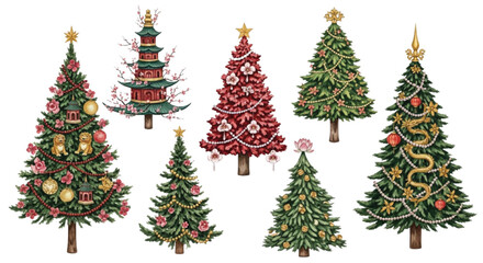 Chinoiserie Christmas Tree Collection with Pagoda, Dragons and Floral Ornaments – Elegant Watercolor Holiday Set