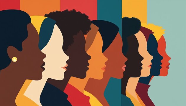 Diverse women faces in profile row show unity, strength. They represent equality, social justice movements, celebrating community, change. Their profiles express solidarity, hope for better future.