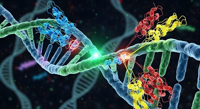 Conceptual Visualization of CRISPR Gene Editing on DNA Double Helix Structure - Powered by Adobe