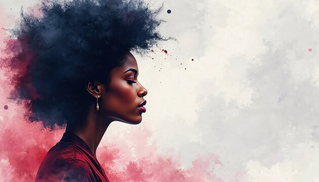 Profile illustration of a Black woman with voluminous hair. Her serene gaze suggests contemplation or inner strength. Artistic watercolor effect with pink and gray hues.