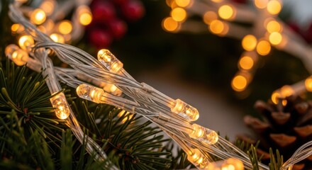 Festive holiday magic with glowing Christmas lights on evergreen branches, perfect for seasonal celebrations and cozy winter vibes, a classic holiday scene