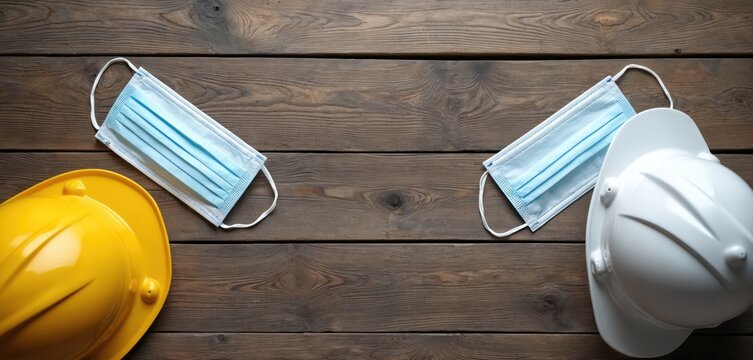 Two medical masks and hard hats on wooden background. Safety gear for construction workers. Labor day work protection. Health measures on site. - Powered by Adobe