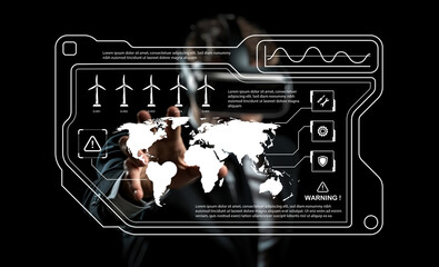 Futuristic Digital Interface with Hands Overlay Highlighting Global Energy Landscape and Warning Signals in Technology and Innovation Context