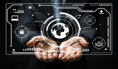 Hands Holding Virtual Interface with Global Network Symbols and Digital Icons Representing Technology and Security in Modern Business Environment