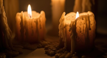 Warm glow of vintage candles slowly melting away