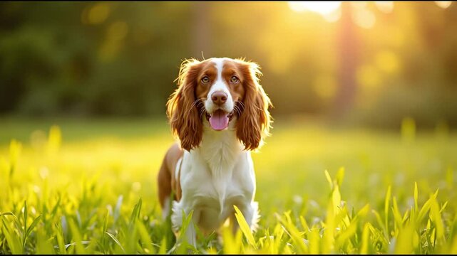 Happy brown and white springer spaniel puppy sitting in a green grass meadow