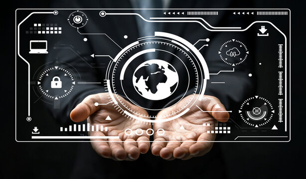 Hands Holding Virtual Interface with Global Network Symbols and Digital Icons Representing Technology and Security in Modern Business Environment
