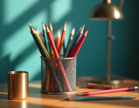 Colored pencils and art supplies arranged on wooden desk. Metal cup and lamp are nearby, with light casting shadows on teal wall. This setup suggests creativity and study for artists or students.