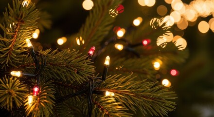 Christmas tree branch aglow with festive lights bringing holiday cheer and warm feelings, perfect for seasonal greetings and winter celebrations