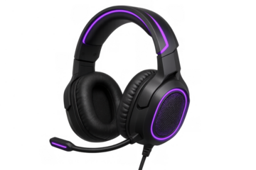 Black gaming headset displaying purple led lights and a visible microphone, a modern audio peripheral for gamers