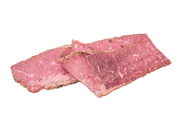 Thin sliced pastrami arranged in layers on a clean white background. Smoked deli beef with marbled texture, cured meat for sandwiches, cooking and food preparation.