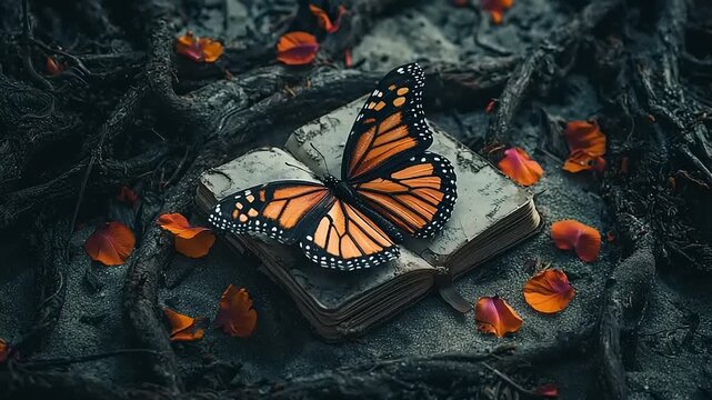 Monarch butterfly rests on open book amidst fallen petals and roots.