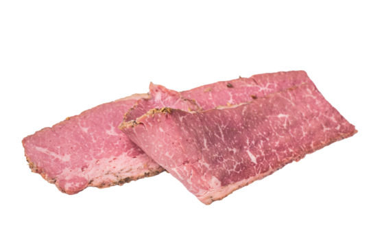 Thin sliced pastrami arranged in layers on a clean white background. Smoked deli beef with marbled texture, cured meat for sandwiches, cooking and food preparation.