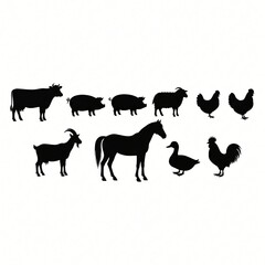 Fototapeta premium Silhouette collection of farm animals including cow pigs sheep horse goat chickens duck and rooster