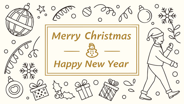 Merry christmas and happy new year greeting card with festive decorations and a person in santa hat