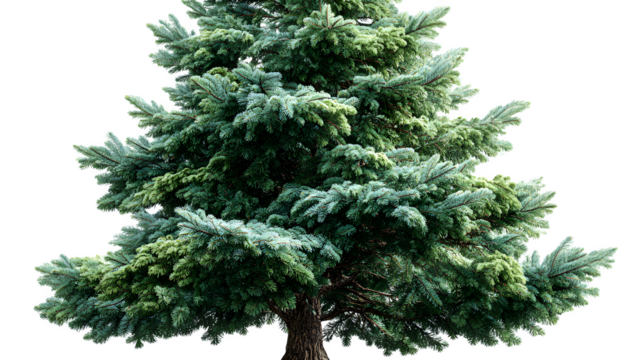 Handcrafted artificial Christmas tree with rich green tones and dense foliage, lifelike winter decor element for modern interiors, isolated on white background 