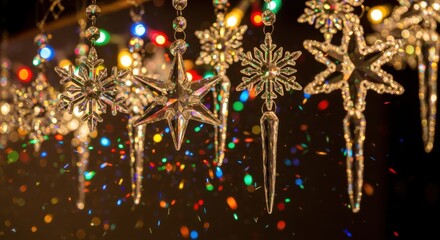 Elegant crystal snowflakes and stars sparkle against colorful lights, bringing the magic of winter celebrations to your holiday season with festive cheer