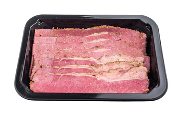 Sliced pastrami arranged in a black plastic container on a clean white background. Smoked deli beef with marbled texture, ready for sandwiches, cooking and meal preparation.
