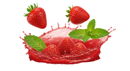 plump crimson strawberries and crisp green mint leaves splashing dynamically into ruby juice, creating a towering liquid crown on white background, macro commercial product photography concept for