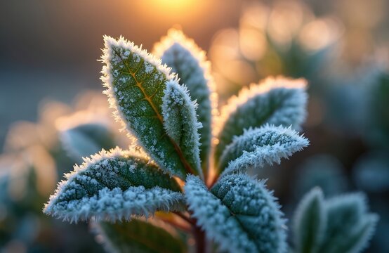 Close up photo shows frosted leaves. Plants covered in ice crystals. Nature background at sunset. Winter season concept. Beauty of plants in cold weather.