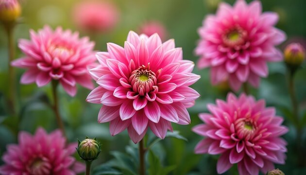 Close up shot of bright pink dahlia flowers. Floral blossoms in full bloom in garden. Rich green background enhances natural beauty. Flower petals create textured look. Serenity, calmness conveyed. - Powered by Adobe
