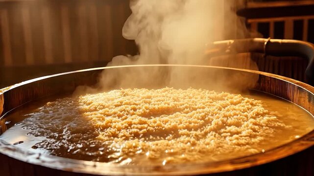 Wooden tub of steaming rice