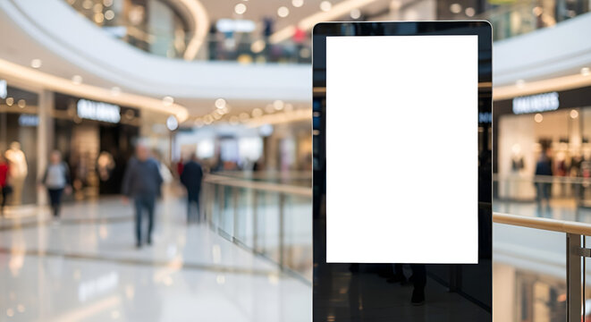 vertical digital signage mockup in mall with blank screen and blurred background
