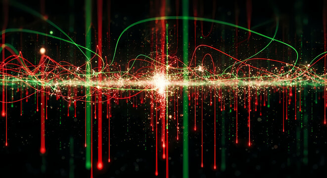 Abstract light trails with red and green colors creating a dynamic and modern background