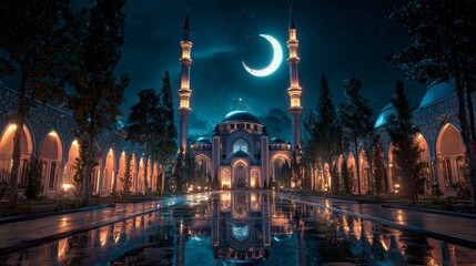 Beautiful mosque decorated with lights and crescent moon. mosque