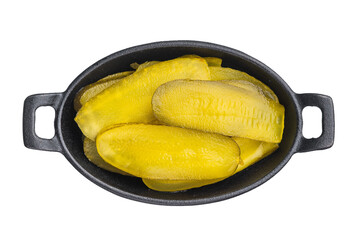 Fresh yellow pickle slices with juicy brined texture on white backdrop, minimal top view food shot for culinary use.