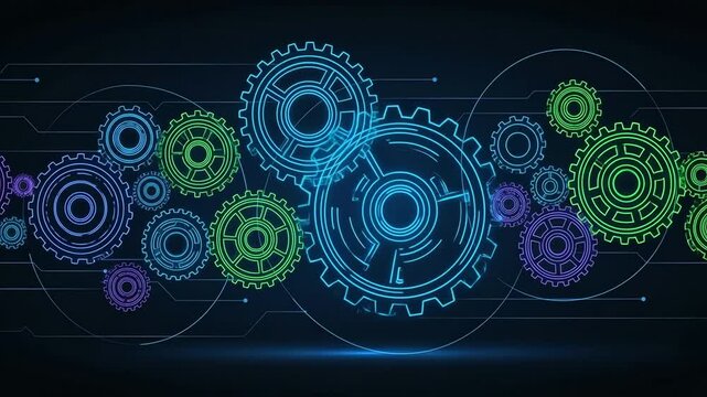 Futuristic Digital Gears and Cogs Mechanism Animation Background.