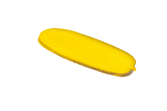 Bright yellow pickled cucumber slices isolated on a clean white background, crisp texture and vibrant color, perfect food ingredient.