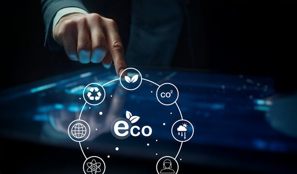 Businessman Using Digital Eco Technology Interface with Icons Representing Sustainability, Recycling, and Climate Control