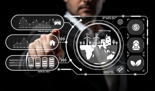 Businessman Interacting with Innovative Digital Dashboard Displaying Wind Energy, Data Visualization, and Sustainable Solutions for Future Development