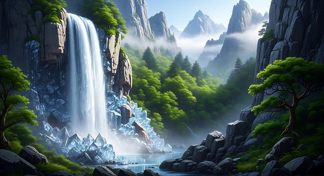 Majestic cascading waterfall plunges into a crystal clear river amidst a lush green mountainous landscape with misty peaks and vibrant foliage bathed in soft sunlight
