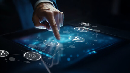 Hand touching digital touchscreen interface with icons, data visualization, technology concept, abstract background in dark tones with glowing elements