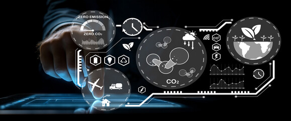 Digital Interface Displaying Sustainable Technology Concepts and Environmental Data with Touch Interaction of User Representing Innovative Solutions