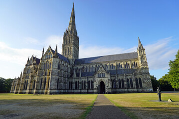 North front view of the Anglican Early English Gothic Salisbury Cathedral on a cold, blue sky...