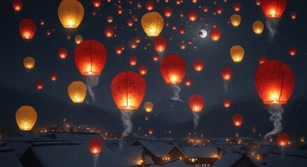Winter Night Sky Filled With Festive Glowing Lanterns