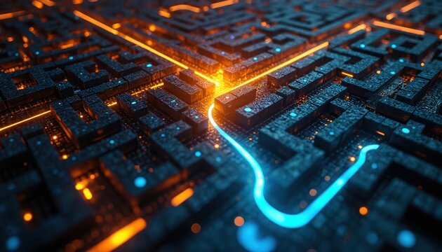 Abstract tech illustration shows complex network maze with glowing neon lines. Futuristic digital art represents AI data pathways. Dark background highlights tech solution connection innovation.