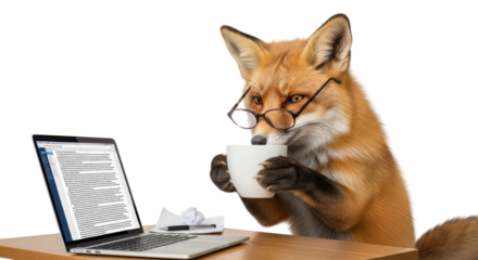 Fox with glasses at a laptop drinking coffee isolated PNG with Transparent Background