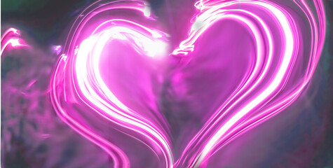 The brightly shining heart shape, formed by reflected lines of magenta, purple, blue and orange neon light, symbolizes radiant love