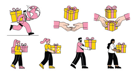 Diverse group of people holding gifts and delivering packages, symbolizing gifting, generosity, and delivery services