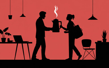 Fototapeta premium Silhouette of colleagues sharing coffee in the office during a break time