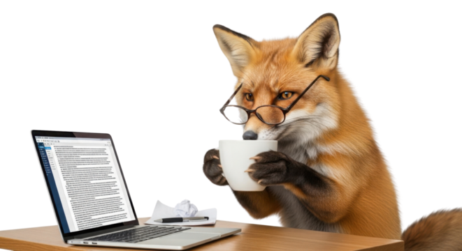 Fox with glasses at a laptop drinking coffee isolated PNG with Transparent Background