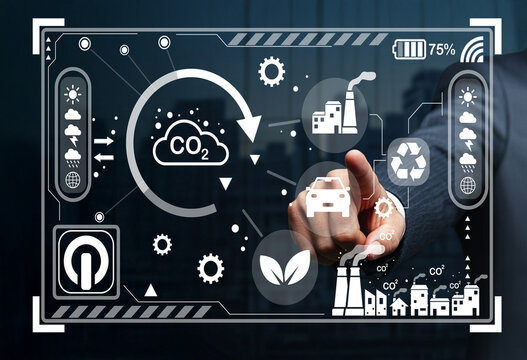 Innovative Digital Interface for Environmental Monitoring and Sustainable Practices with Graphical Icons Representing CO2 Reduction and Eco-Friendly Actions