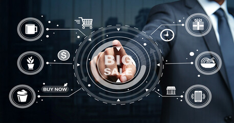Businessman Touching Digital Interface with Big Sale Promotion and Online Shopping Icons for E-Commerce Concept